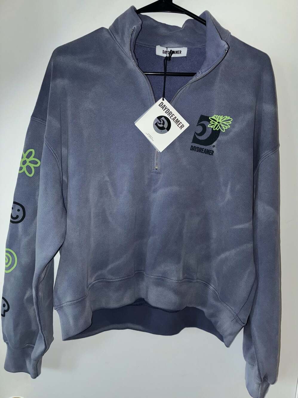 Daydreamer Blue Cloud Wash Quarter-Zip Cropped Sweatshirt with Graphic Sleeve